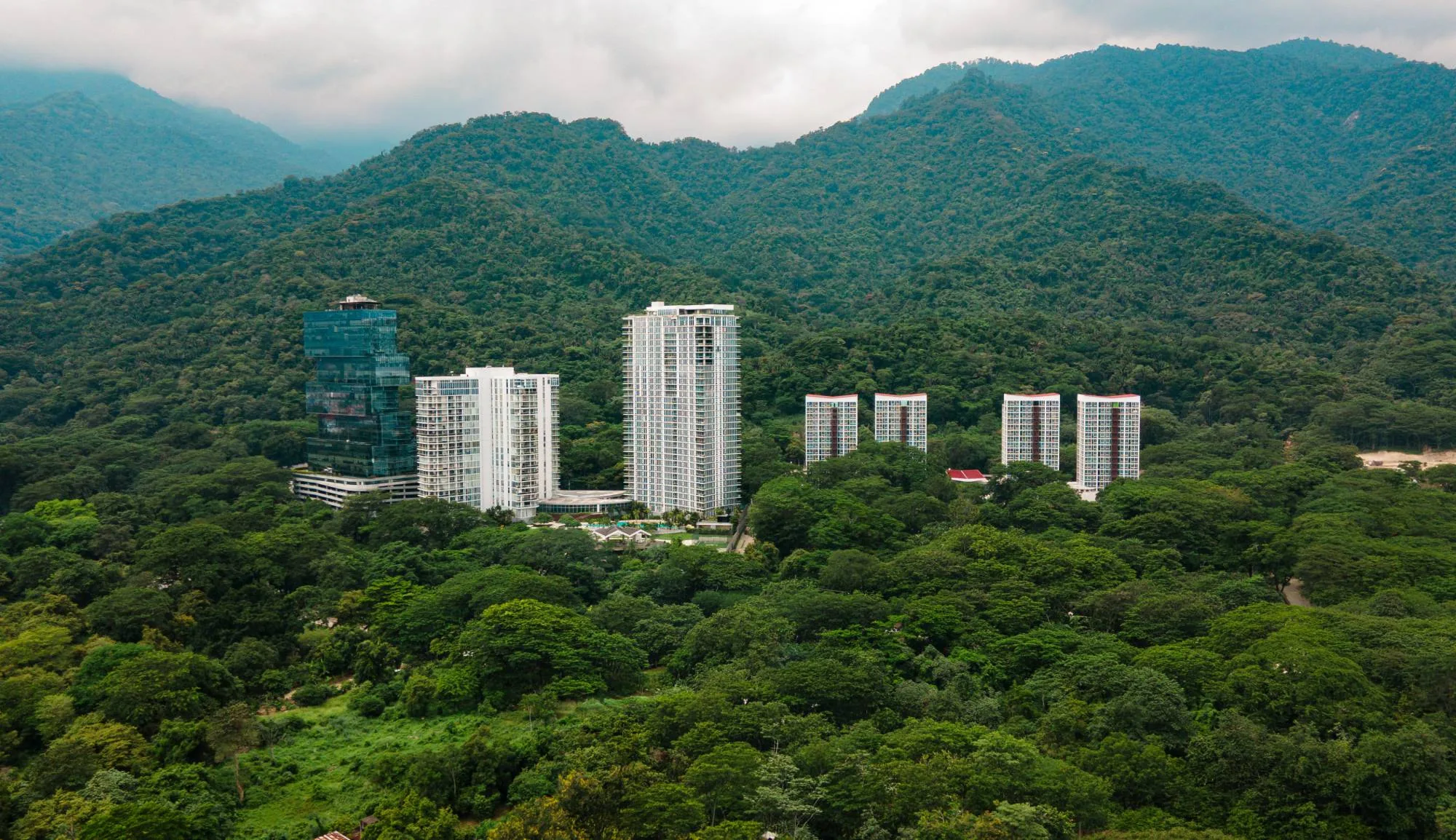 Vista aérea de las torres de Nuevos Horizontes rodeadas de bosque y montañas